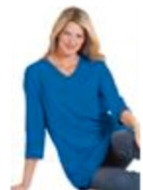 TUNIC TEE, COMBED COTTON, COBALT BLUE, SIZE 3X, GENEROUS FIT, ¾ SLEEVES, VEE NEC